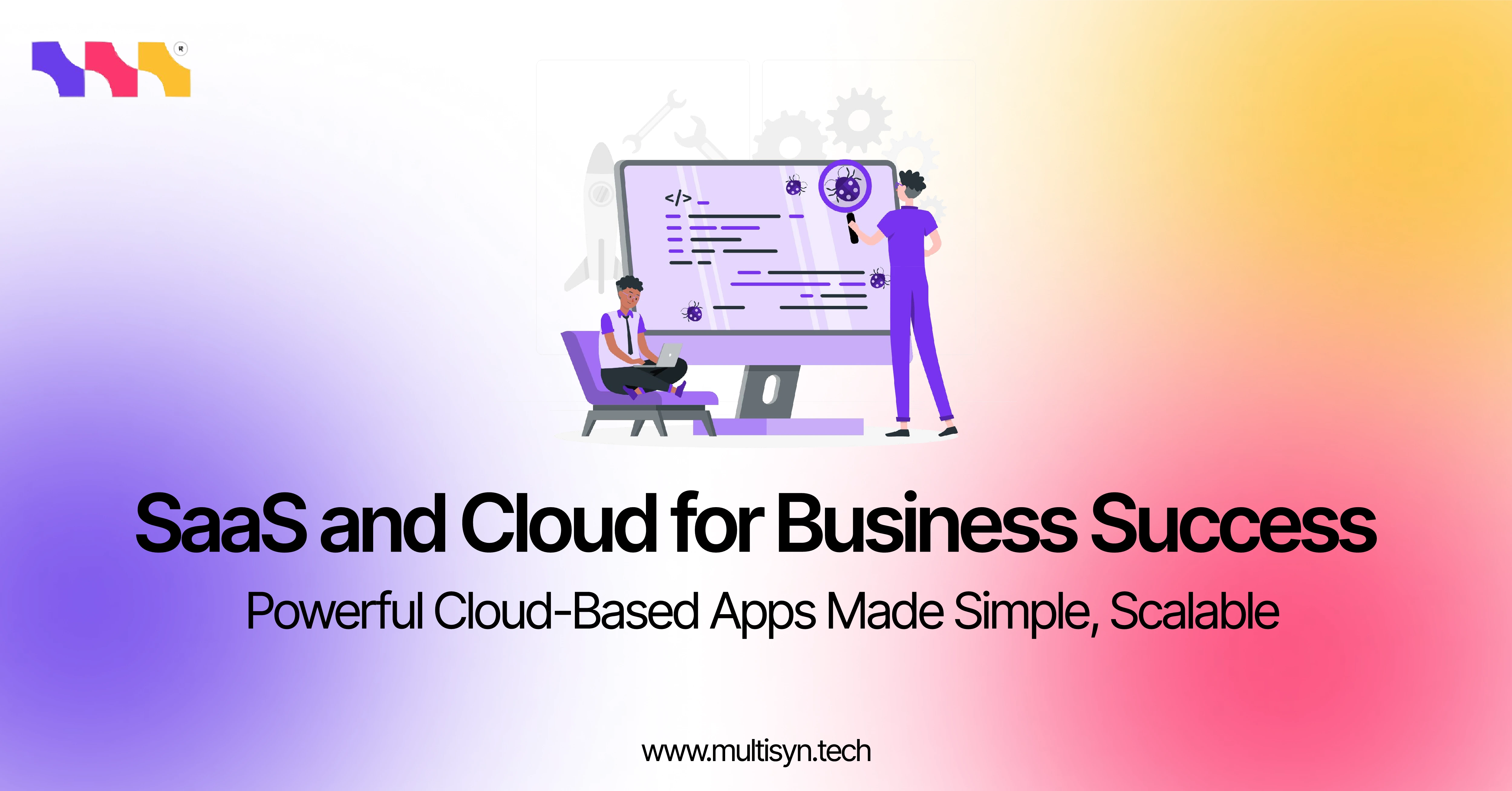 Illustration showing developers working on SaaS application with cloud computing features, representing scalable and secure business software solutions.